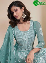Splendid Sky Color And Embroidery Work Chinon Fabric Dupatta With Palazzo Salwar Suit